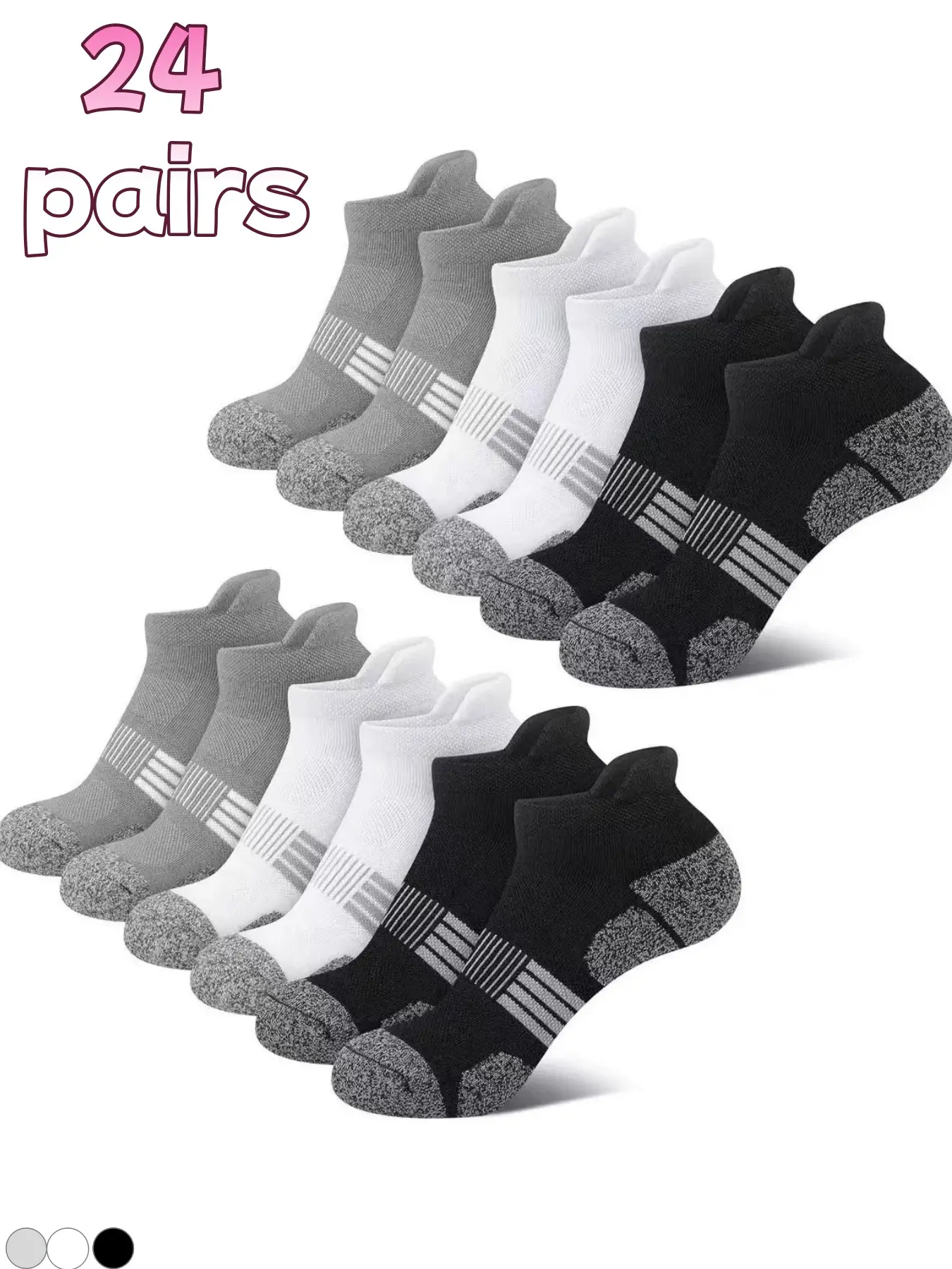 24-pair pack of men's fashion trendy casual Terry sports summer short socks, breathable, sweat-absorbing, comfortable and durable, versatile socks for daily work, casual sports, and outdoor activities, Athletic Ankle Socks, Sweat Absorbent Socks
