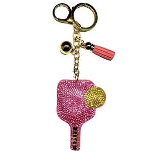 Pickleball Pink Bling Keychain, Rhinestone design, Tassel Decor Sport Keychain for Men, Women, Kids Bling Backpack Keyrings, Purse Charms