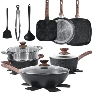 Aesthetic 25 Piece Non Stick Ceramic Granite Cookware Set Induction Compatible Pots and Pans Black Kitchen Set
