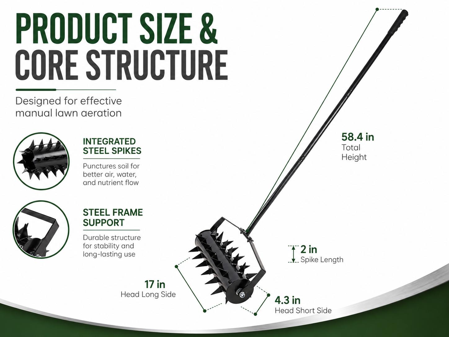 Rolling Lawn Aerator with 2 Inch Steel Spikes Heavy Duty Manual Aerator Tool Lawn Spike Aerator Roller with 56 Inch Handle Soil Penetrator Push Lawn Aeration for Garden Yard Patio, Black
