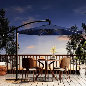 Garvee 10ft Solar LED Offset Hanging Patio Umbrella with 32 LED Lights, Sturdy 8 Ribs, UV Protection, Cantilever Outdoor Market Umbrella for Backyard, Deck, and Poolside in Navy Blue