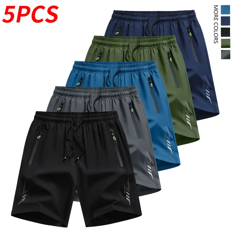 Men's 5-Pack Lightweight Quick-Dry Summer Athletic Shorts - Breathable Elastic Waist, Zip-Secure Pockets, Casual Style for Easy Tee Pairing, Great for School, Parks, Trips