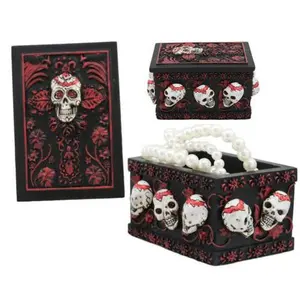 Day Of The Dead Red Floral Sugar Skull Small Stash Jewelry Box 4.25"L Figurine