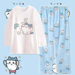 2Pcs Cotton Pajamas Suit Kawaii Chiikawa Usagi Autumn Anime Hachiware Long Sleeves Pants Sleepwear Casual Girls Student Homewear
