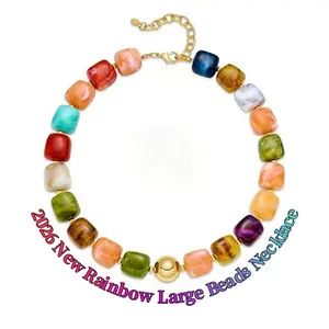 Colorful Chunky Necklaces for Women Trendy Multicolor Large Square Resin Beads Necklace Boho Chunky Statement Choker Necklaces Y2K Summer Jewelry Unique Gift for Best Friend Girlfriend Wife Mom Special Holiday Mother's Day Birthday Gift