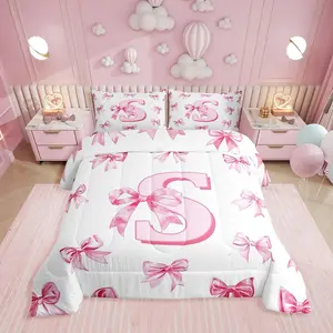 Feelyou Initial Letter S Monogrammed Bow Bedding Comforter Set - Pink Kawaii Princess Style, Light Weight Blanket, Soft Breathable Bedding, Soft Comfy Blanket, Multi-Size Travel-Friendly Quilt Cover Set