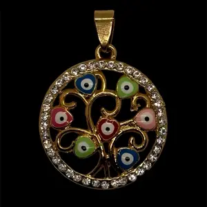 14K Gold Plated Necklace with Evil Eye Hearts on a Tree of Life Design – 14K Oro Banado con Ojo Malo y Árbol de la Vida