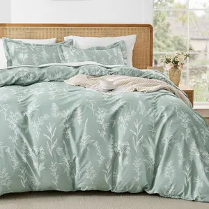 Duvet Cover Queen Size, Reversible Floral Green Duvet Cover Set with Zipper Closure, 3 Pieces Botanical Patterns Soft Microfiber Bedding Set with 4 Ties (90"x90", 2 Pillow Cases)
