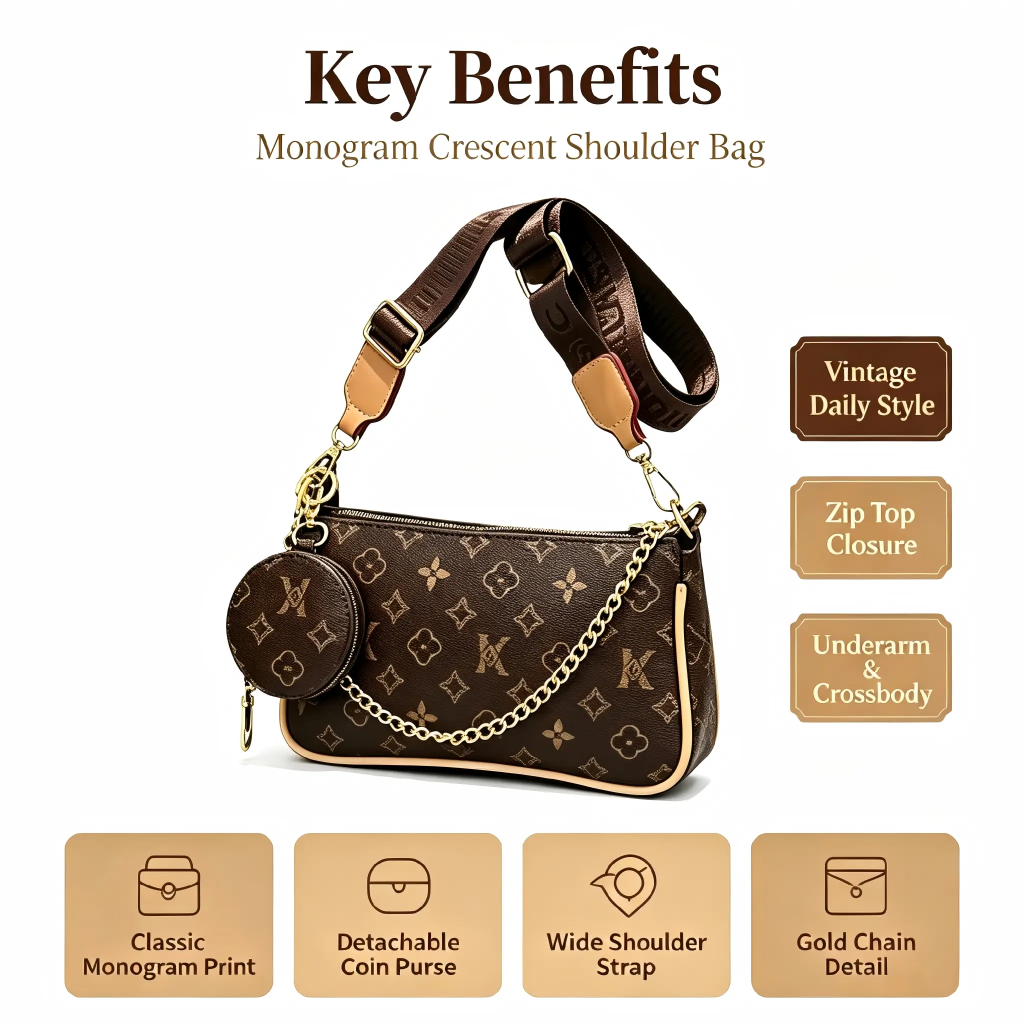 Women's Vintage Monogram Crossbody Bag, 2026 New Y2K Trend Luxury Dupe Shoulder Bag with Coin Pouch, Cute Aesthetic Trending Purses for 2026, Stylish Streetwear Handbag for Everyday Carry & Travel, Adjustable Strap, Buckle Flap