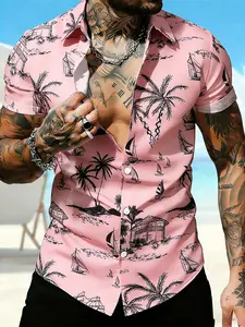 Men's Hawaiian Style Tropical Coconut Tree Sailboat Print Shirt, Button Front Short Sleeve Top, Casual Summer Beachwear, Menswear