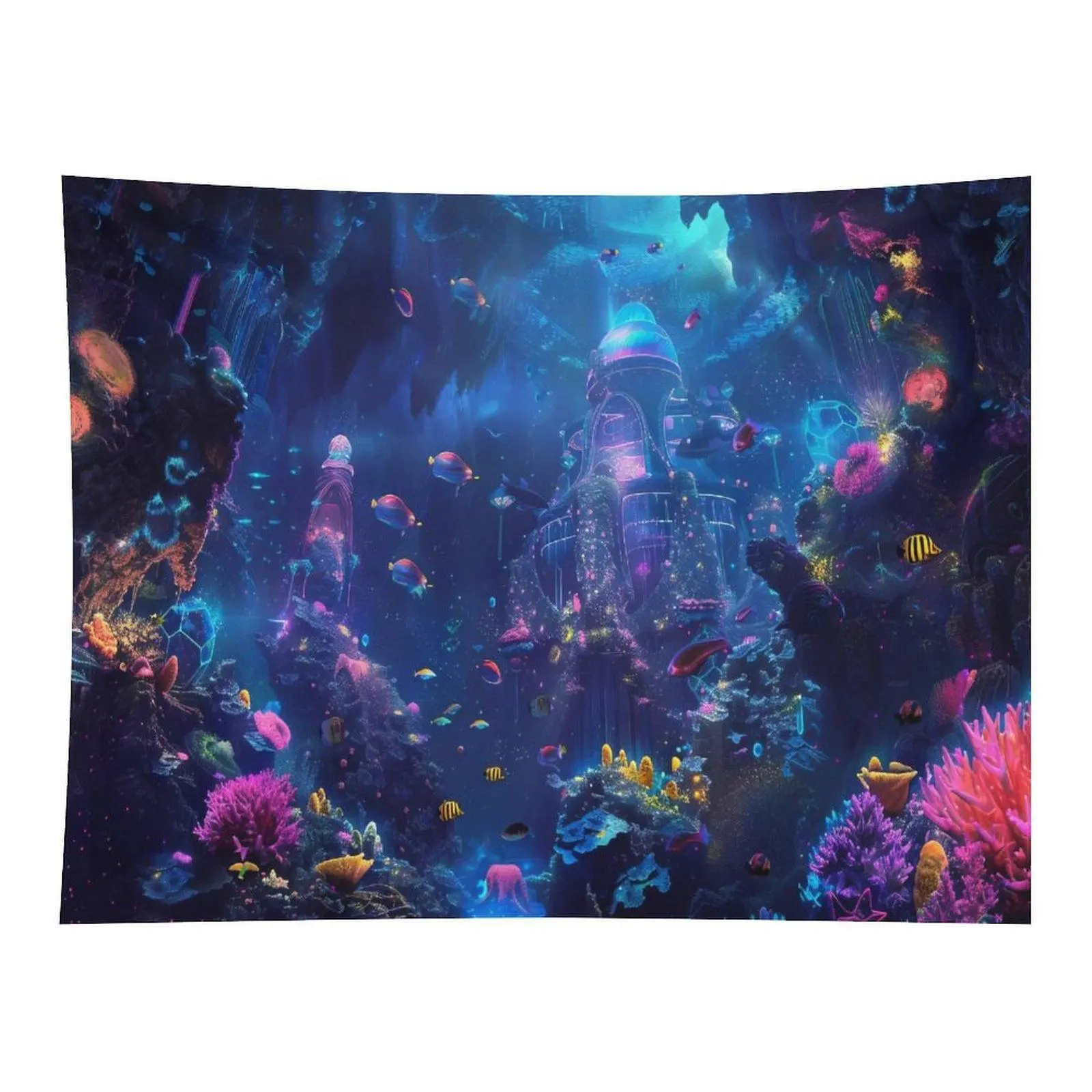 Magical Deep Undersea Fantasy City Colorful Tropical Fish Coral Reef Glowing Jellyfish Blue Dark Ocean Cave Underwater Dreamy Landscape Wall Tapestry For Kids Bedroom Decor
