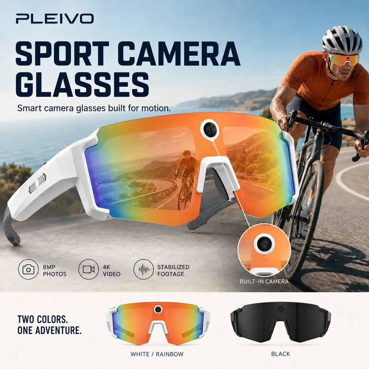 PLEIVO Wearable Smart Camera Glasses - Unisex Adults' Classic Sports Sunglasses with Hands-Free POV HD Recording, Open-Ear Audio, Bluetooth Calls, for Outdoor Adventures, Tech Gift