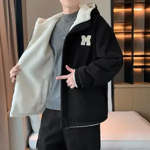 "Winter Warm Fleece-Lined Corduroy Jacket - Detachable Hood, Stylish 'M' Logo, Super Comfortable for Autumn/Winter Clothing!"