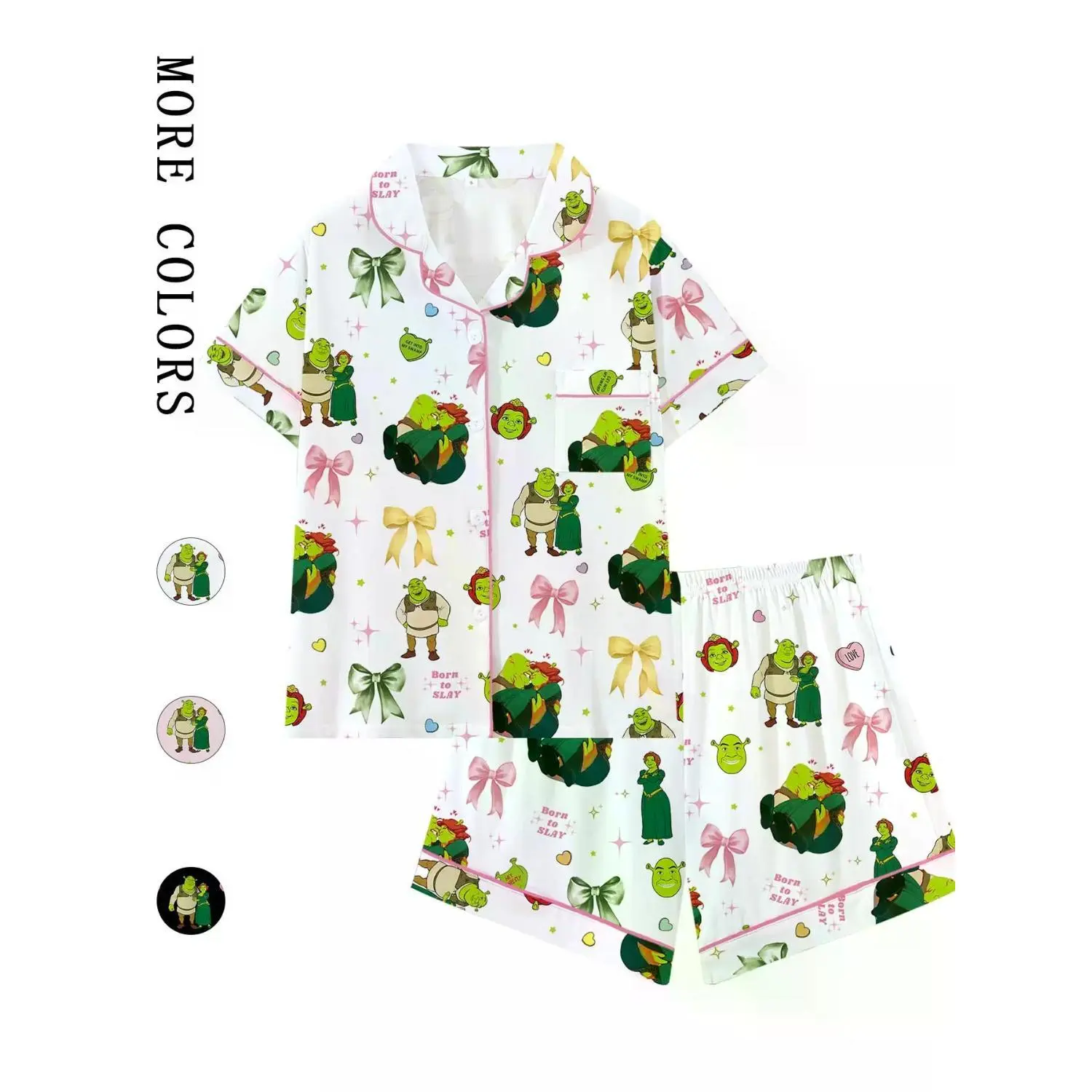 Shrek Cartoon Print Bow Collar Short Sleeve Pajama Set, Cozy All-Season Sleepwear, Princess Fiona Gift, Loose-Fit Loungewear, Homewear Pajamas