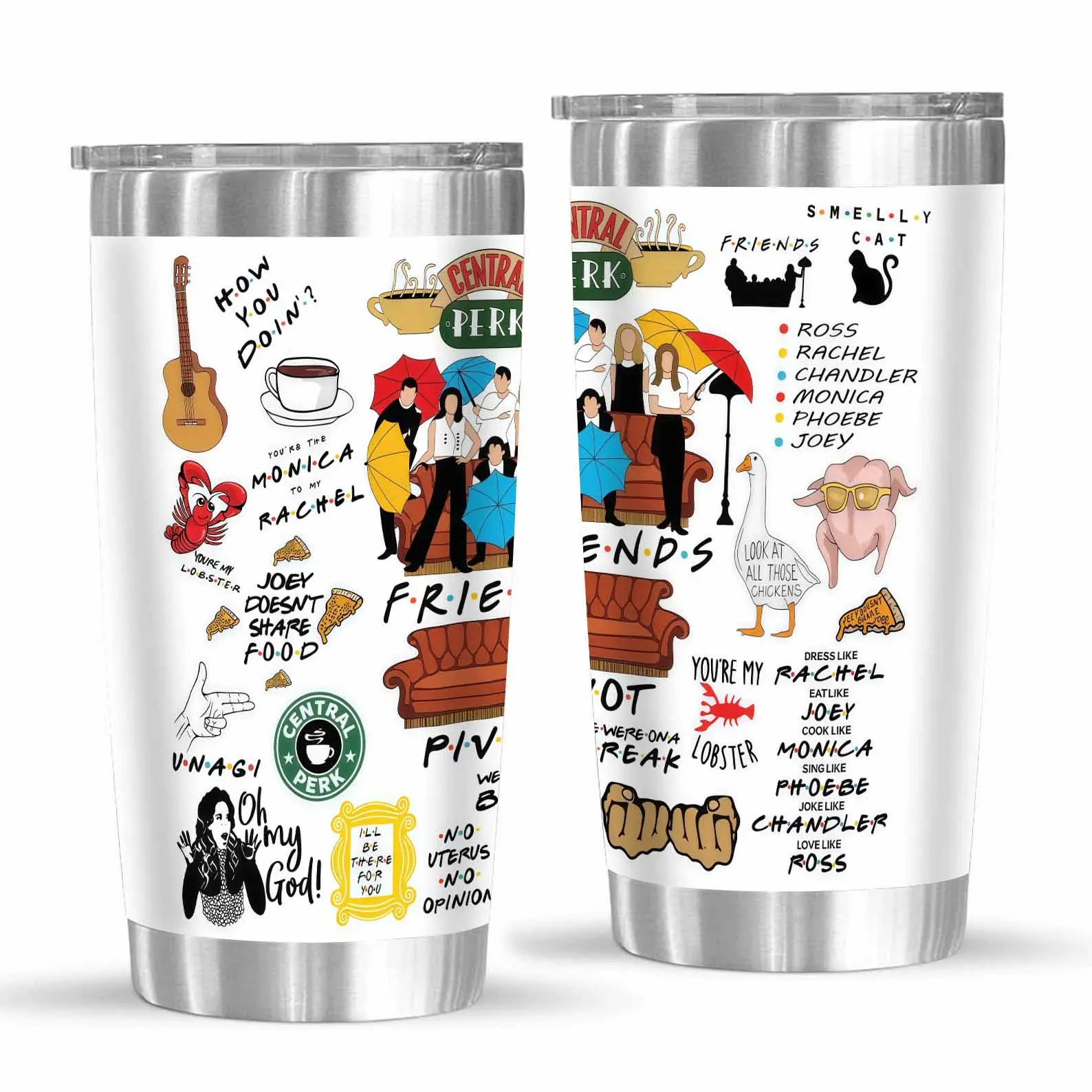 Friends TV Show 20oz Stainless Steel Insulated Novelty Tumbler - Double Wall Vacuum Reusable Travel Mug, Fully Dishwasher Safe, with Lid & Straw, Coffee Cup for Adults, Modern Portable Kitchenware Gift (Birthday, Office Commute), Plastic, 1,000-2,000 Ml