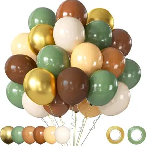 Green and brown balloon set, 60 12 inch green brown balloons with 2 plain ribbons, jungle wildlife park forest balloon metal gold cream brown olive green coffee powder blusher balloon, used for baby shower birthday decoration