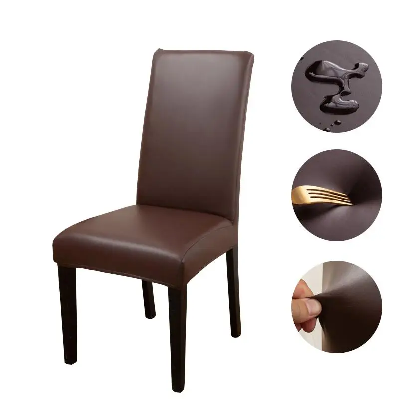 Solid Color Stretchy Chair Slipcover, 1 Count Waterproof PU Leather Chair Cover For Dining Room Chair
