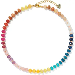 Colorful Gemstone Beaded Necklaces For Women Trendy Rainbow Natural Stone Boho Handmade Stainless Steel Waterproof Strand Necklaces Jewelry For Women Gift