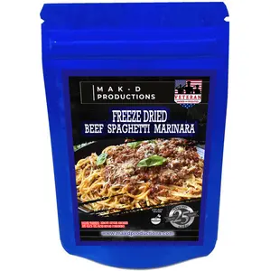 MAK D Productions - Freeze Dried Meal  - Beef - Pasta - Beef Spaghetti Marinara - Gourmet Recipes by a Sullivan University (Louisville, Kentucky) Culinary Chef Graduate - NEVER BLAND TASTING - MADE IN THE USA