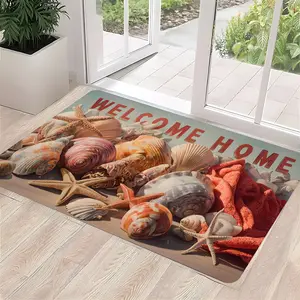 Seashell Starfish "Welcome Home" Doormat, Coastal Beach Welcome Mat, Anti-Slip Highly Absorbent Quick Dry Floor Mat, Soft Low-Profile Indoor Outdoor Entrance Rug for Front Door Porch Entryway, Nautical Home Decor, Gift for Family Friends