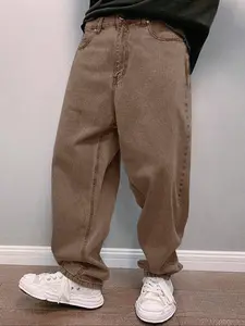 Men's Solid Color Non Distressed Jeans, Loose Casual Comfy Denim Trousers for All Seasons, Men's Bottoms for Daily Wear