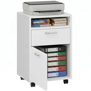 Mobile Printer Stand – White. Drawer + Cabinet + Shelf + 4 Wheels (2 Brakes). 15.7" W x 13.8" D x 23.6" H. Melamine Surface. 55 lbs Cap