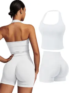 Women's Seamless Halter Backless Yoga Workout Activewear Tank Top + Gym Shorts, High Waist Butt Lifting, Quick Dry Running Fitness Set, Sexy Yoga Workout Sets