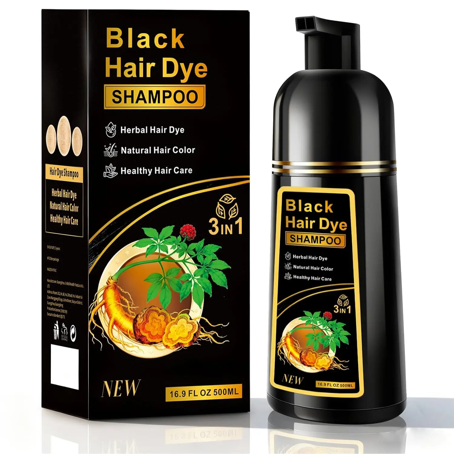 Black Hair Dye Shampoo 3 in 1 for Gray Hair, Herbal Ingredients Natural Color Shampoo Hair Dye for Women Men