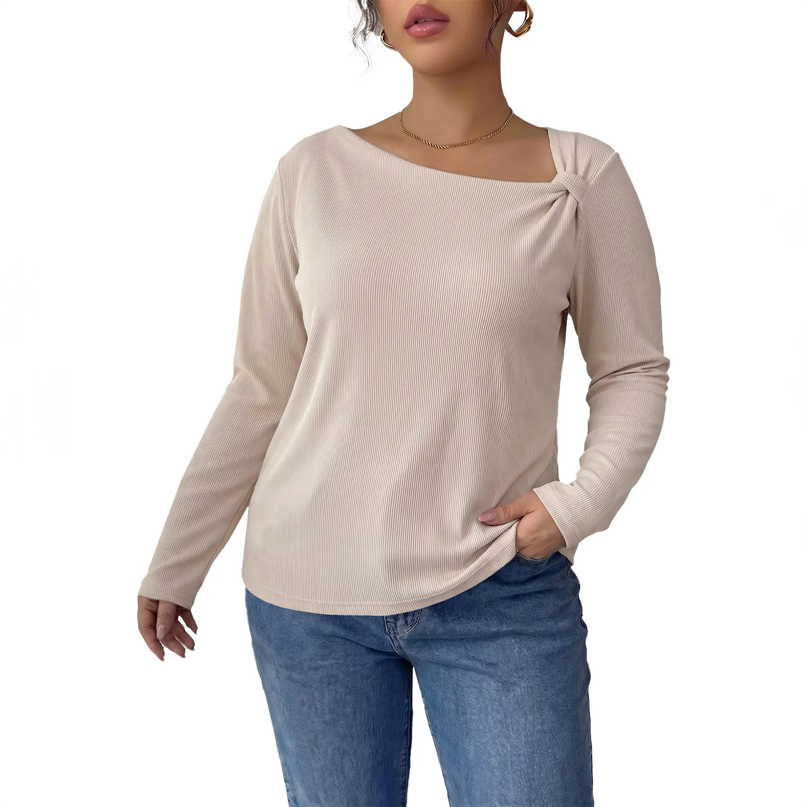 Eytino Womens Asymmetrical Knot Neck Long Sleeve Ribbed Plus Size Blouse Casual Pullover Top (1X-5X)