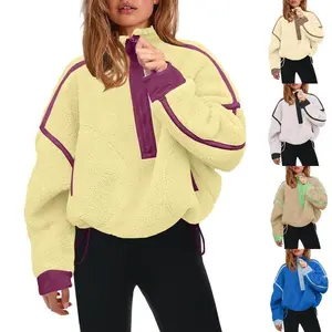 Women's Half Zip Sherpa Fleece Color Block Pullover Soft Oversized Sweatshirt Warm Fuzzy Sweater With PocketsEZUm