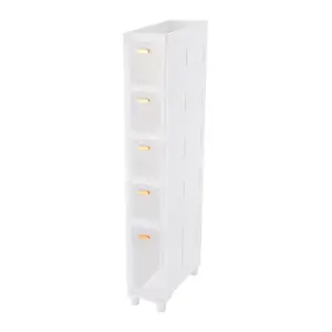 5-Drawer Modern Bathroom Storage Cabinet Narrow Slim Rolling Storage Cart and Organizer Beside Fridge Small Rolling Shelf with Drawers- White/Clear PP Freestanding Cabinet 2.5kg per Tier Capacity for Bathrooms, Kitchens to Store Toiletries, Cosmetics