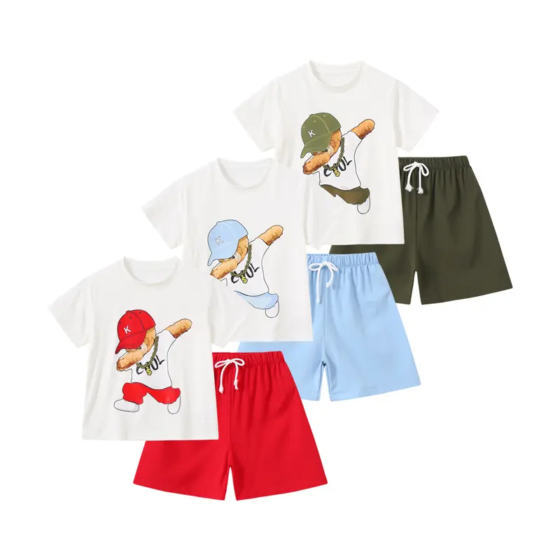 Boys' 3-Piece Summer Outfit Set - Trendy Hip-Hop Bear Print Short-Sleeve T-Shirts and Shorts, Breathable and Comfortable Casual Wear for Children Match Style Set