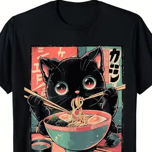 Cute Cat Eating Ramen Anime Graphic Cotton T-Shirt, Valentine's Day Gift for Cat Lovers, Fashion Oversized Casual Outfit