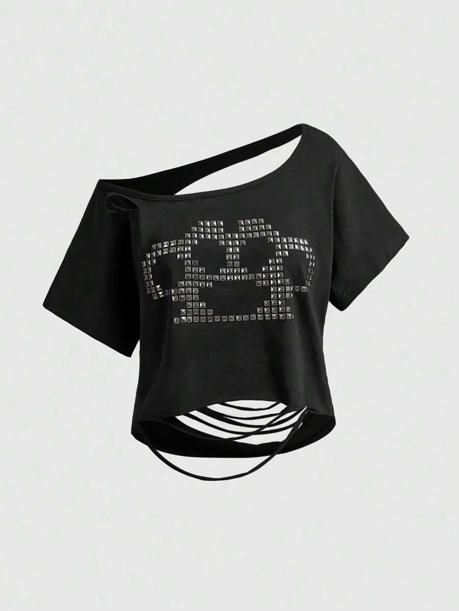 MOON Grunge Punk Metal Rivet Decor Distressed Cutout Loose Cropped T-Shirt