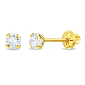 14k Gold Flush CZ Solitaire 3mm Baby / Toddler / Kids Earrings Safety Screw Back