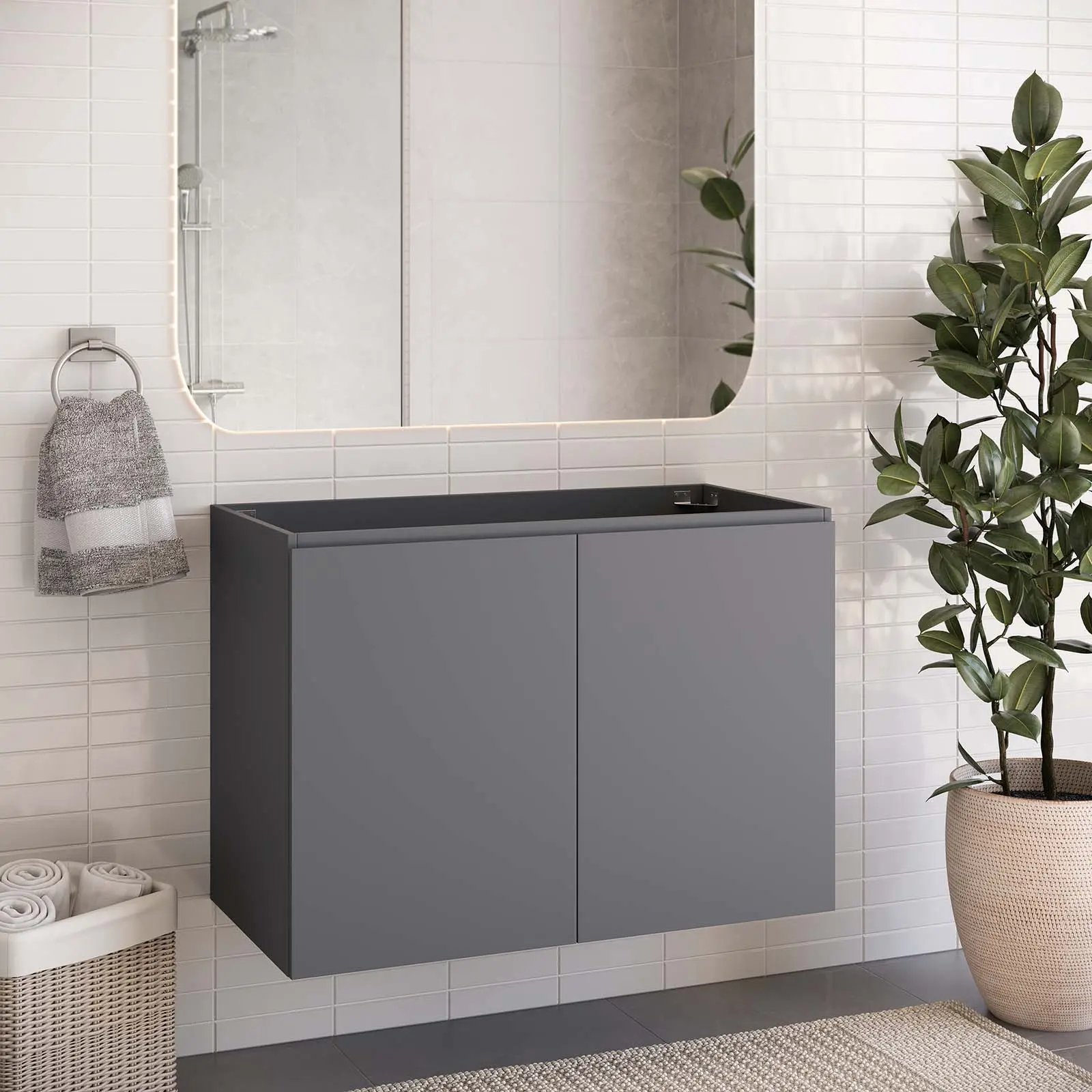 Modway Bryn 36" Modern Minimal Wall-Mount Bathroom Vanity with Storage Cabinet (Sink Basin Not Included) in Gray, Design