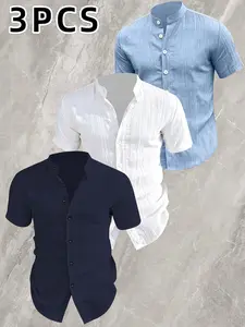 Men's 3 Pack Lightweight Textured Crinkle Short Sleeve Button Down Shirts, Casual Fitted Graphic Pockets, //navy Colors