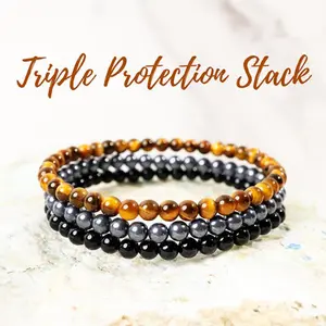 Triple Protection Beaded Gemstone Bracelet 3pcs Set - Tiger Eye, Black Tourmaline and Hematite, 4mm Beaded Energy Crystal Bracelets