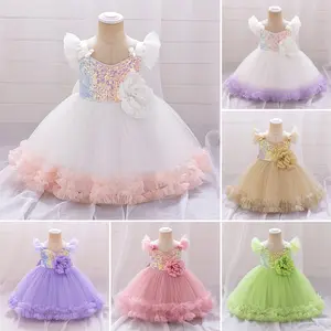 6M-3Y Dark Pink 2305 Anniversary Baby Girls Clothes Infant Birthday Cocktail Flying Sleeves Sequins Floral Mesh Ball Gown Dress Toddler Pageant Newborn Ball Gown Princess Baptism Frock
