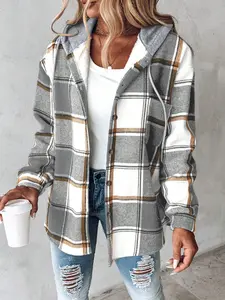 Women's Cozy Fleece-Lined Plaid Pattern Shacket | Oversized loose-fit Hooded Design jacket with button front, trendy grey & brown plaid outerwear perfect for casual streetwear & fall/winter outings