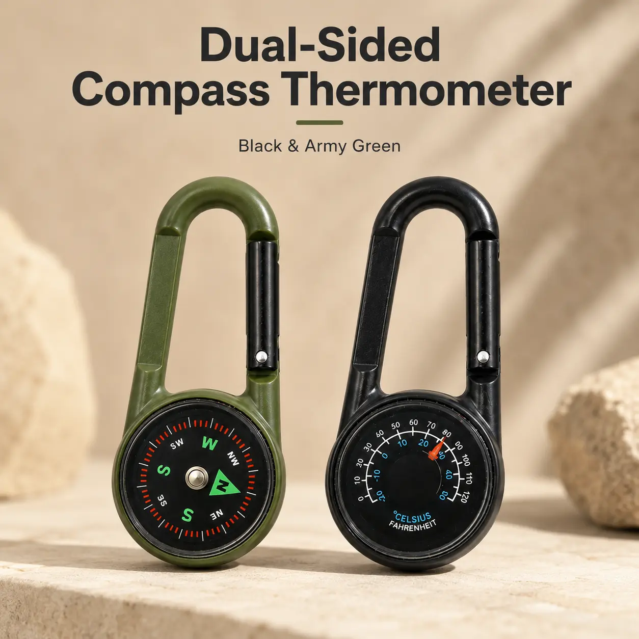 Dual-Sided Carabiner Compass Thermometer, 2-in-1 Metal Clip-On Outdoor Compass with Temperature Gauge, Portable Hiking Camping Backpacking Travel Gear Accessory