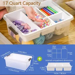 17 Quart Clear Plastic Craft Organizer with Internal Stackable Study Bin Clasp Compartments 13.55in x 9.6in x 7.3in for Craft Supplies Storage