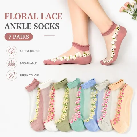 Women's 7-Pair Assortment Set Lace Cotton Light Ankle Socks, Sheer Floral Lace Trim, Light Mesh Fabric, Breathable Moisture-Wicking Elastic, Anti-Chafing, Printed Design, Casual for Summer Elegance