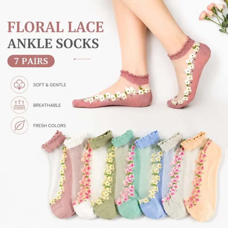 7 Pairs Women's Floral Print Breathable Moisture-Wicking Lace Trim Ankle Socks – Ultra-Thin Sheer Nylon Mesh, Low Cut Invisible, See-Through Floral & Violet Mist Design for Summer