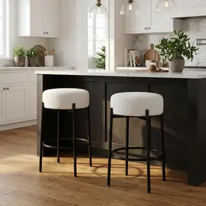 Sherpa Upholstered Bar Stools Set of 2, 24 Inch Counter Height Backless Chairs with Metal Legs and Footrest, Modern Round Stools for Kitchen Island Dining Room Café, White