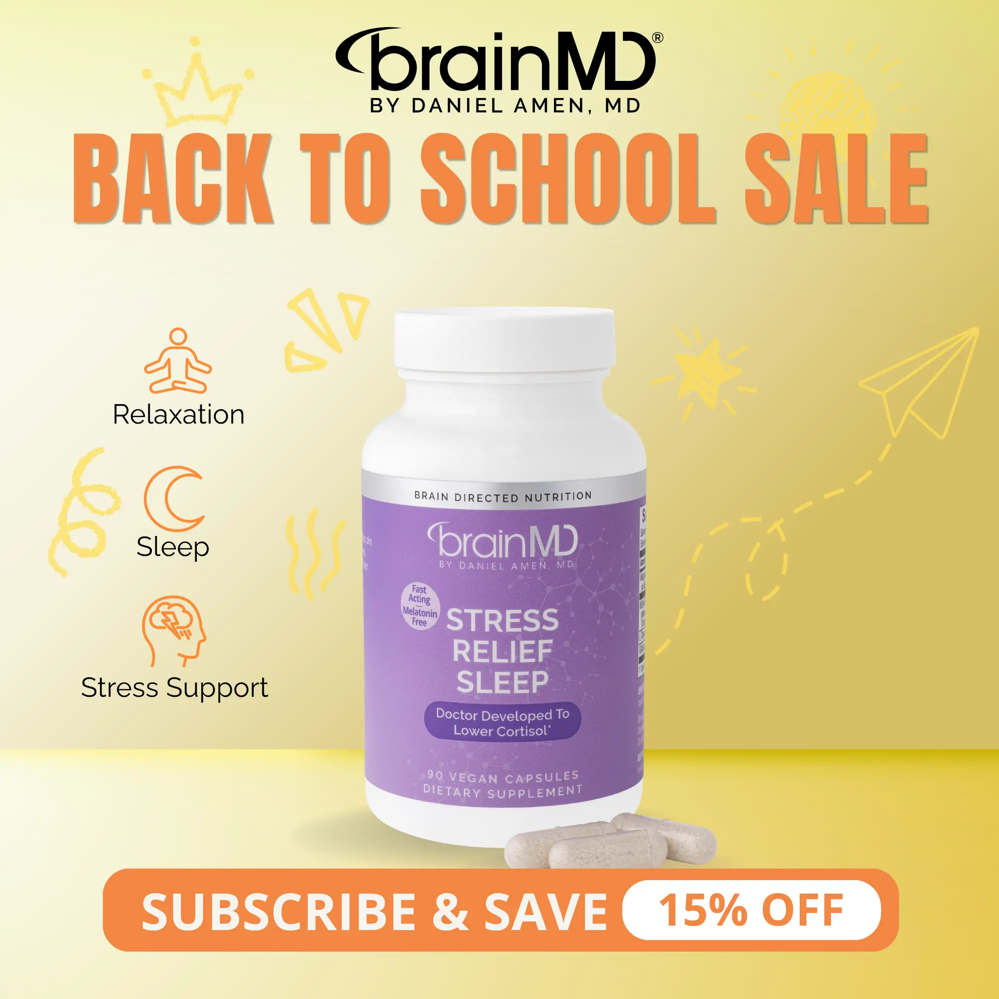Stress Relief Sleep | BrainMD | 60 Capsules | Cortisol & Stress Support | Sleep Support & Relaxation | KSM-66 Ashwagandha with L-Theanine & GABA