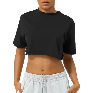 Womens Summer Cotton Crop Blouse Tops Gym Workout Yoga Short Sleeve Tee Shirts