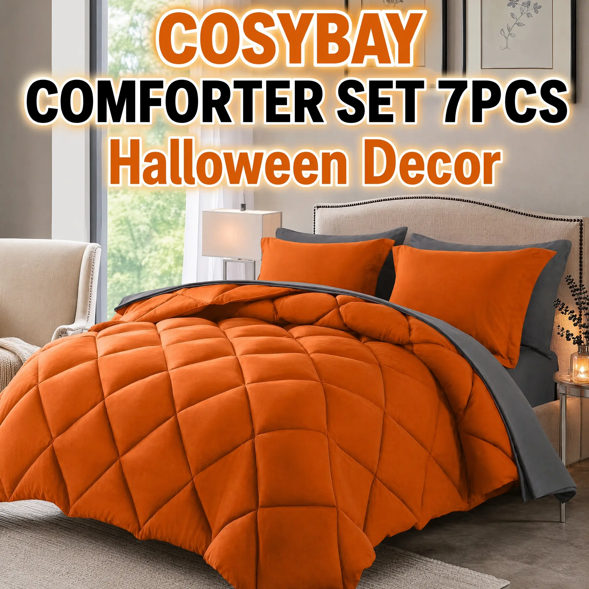 Cosybay Comforter Set Pumpkin Hallowen Gifts - Bed in a Bag Full King Queen Size 7 Pieces includes 1 Comforter + 1 Flat sheet + 1 Fitted sheet + 2 Pillowcases + 2 Pillow Shams, Luxury Soft Bed Set for All Seasons #backtoschool