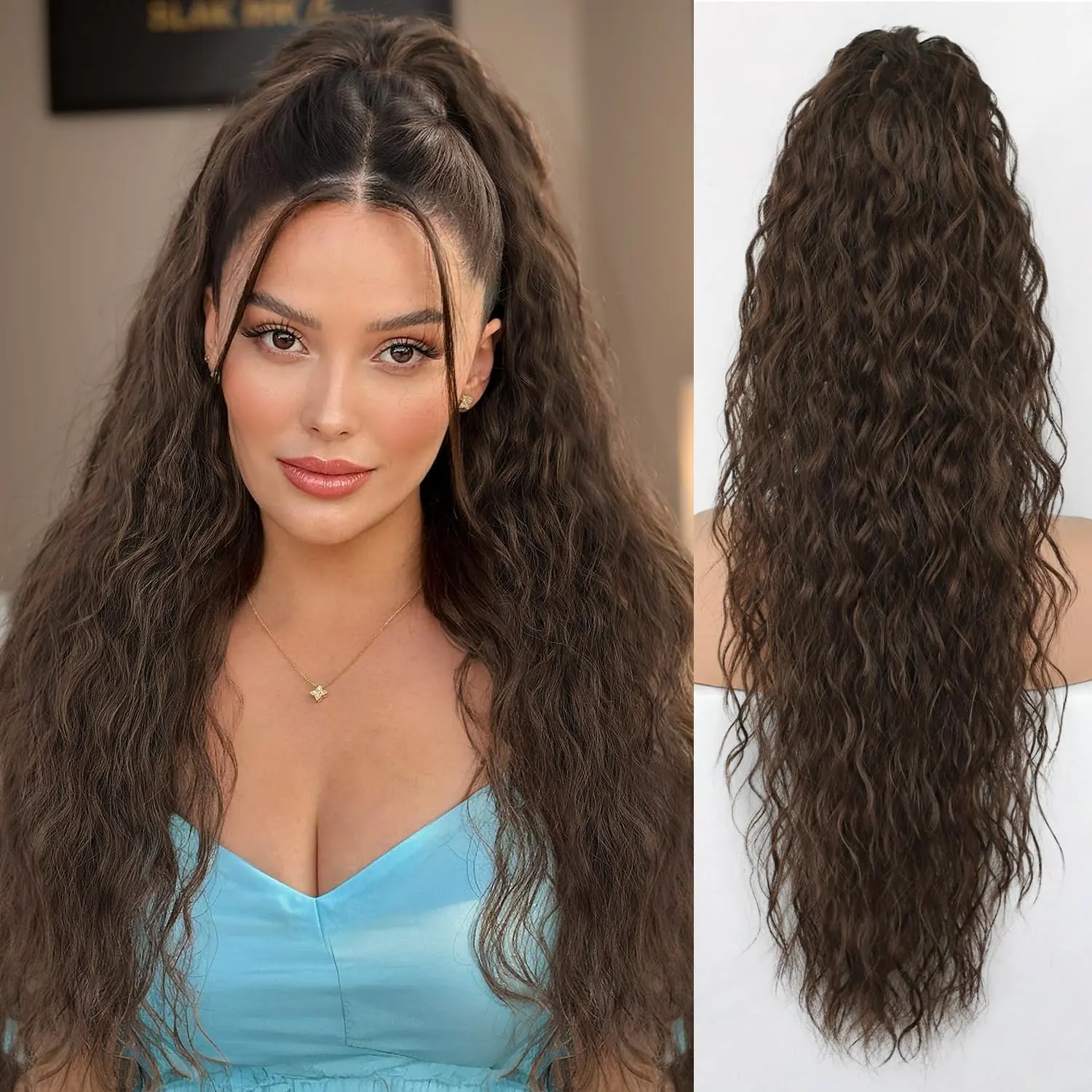 Ponytail Extension 24 Inch Drawstring Pony Tails Hair Extensions for Women Long Curly Ponytail Synthetic Hairpieces for Daily Use（Chocolate Brown）