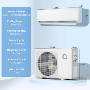 9000 BTU Mini Split Air Conditioner Heater 24 SEER2 115V Ductless Inverter AC Heating System for Up to 450 SqFt Wall Mounted Split AC Unit with Heat Pump Remote Installation Kit Included